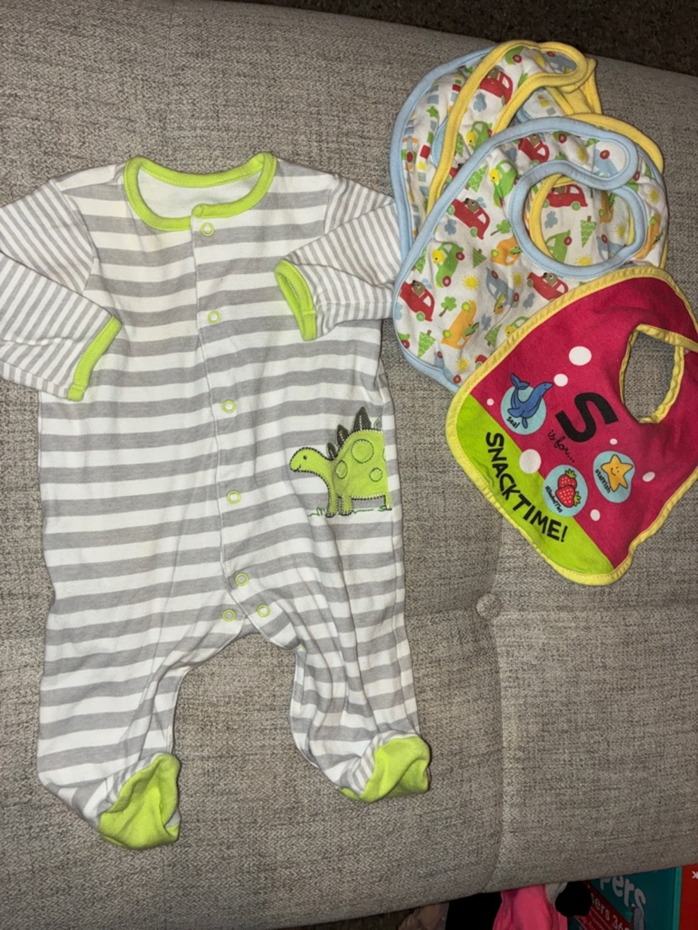 Little Me Striped Gray and Lime Dinosaur Footie & bibs